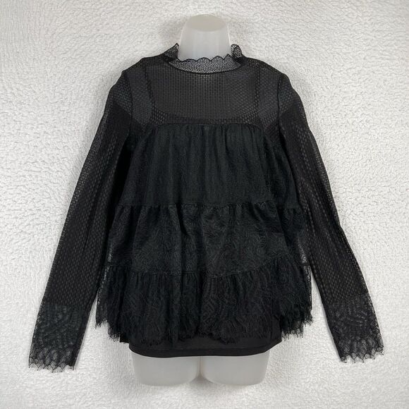 Allsaints Shirt Womens Size 8 Black Briella Lace Top Whimsigoth‎ Witchy Layered - Picture 1 of 12